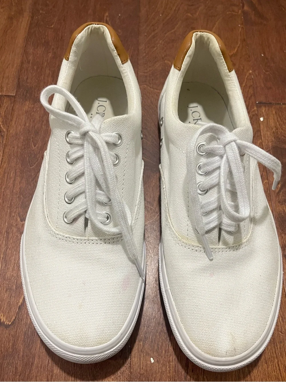 J. Crew White Canvas Sneakers with Tan Heel Accent